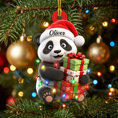 Personalized Cute Panda with Christmas Gift Box Wood & Acrylic Ornament – Holiday Keepsake - mockup 1