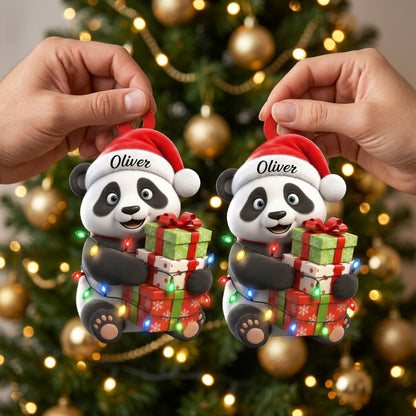 Personalized Cute Panda with Christmas Gift Box Wood & Acrylic Ornament – Holiday Keepsake - mockup 2