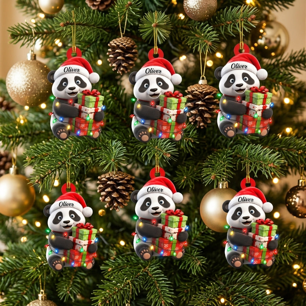 Personalized Cute Panda with Christmas Gift Box Wood & Acrylic Ornament – Holiday Keepsake - mockup 3