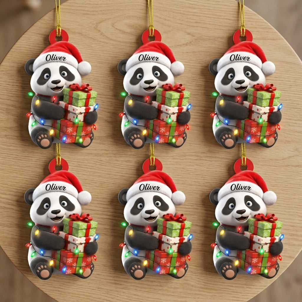 Personalized Cute Panda with Christmas Gift Box Wood & Acrylic Ornament – Holiday Keepsake - mockup 4