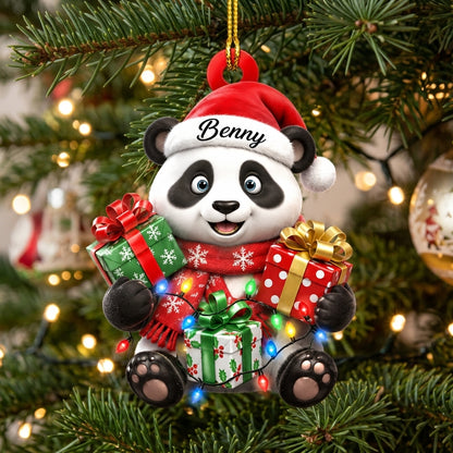 Personalized Cute Panda Gift Box Wood & Acrylic Ornament – Festive Animal Keepsake - mockup 1