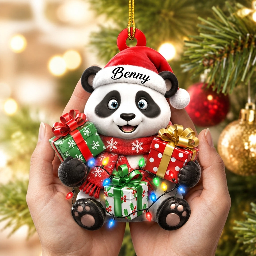 Personalized Cute Panda Gift Box Wood & Acrylic Ornament – Festive Animal Keepsake - mockup 2