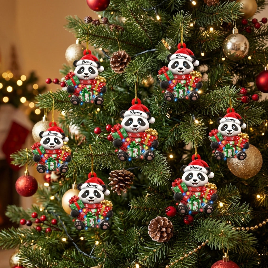 Personalized Cute Panda Gift Box Wood & Acrylic Ornament – Festive Animal Keepsake - mockup 3