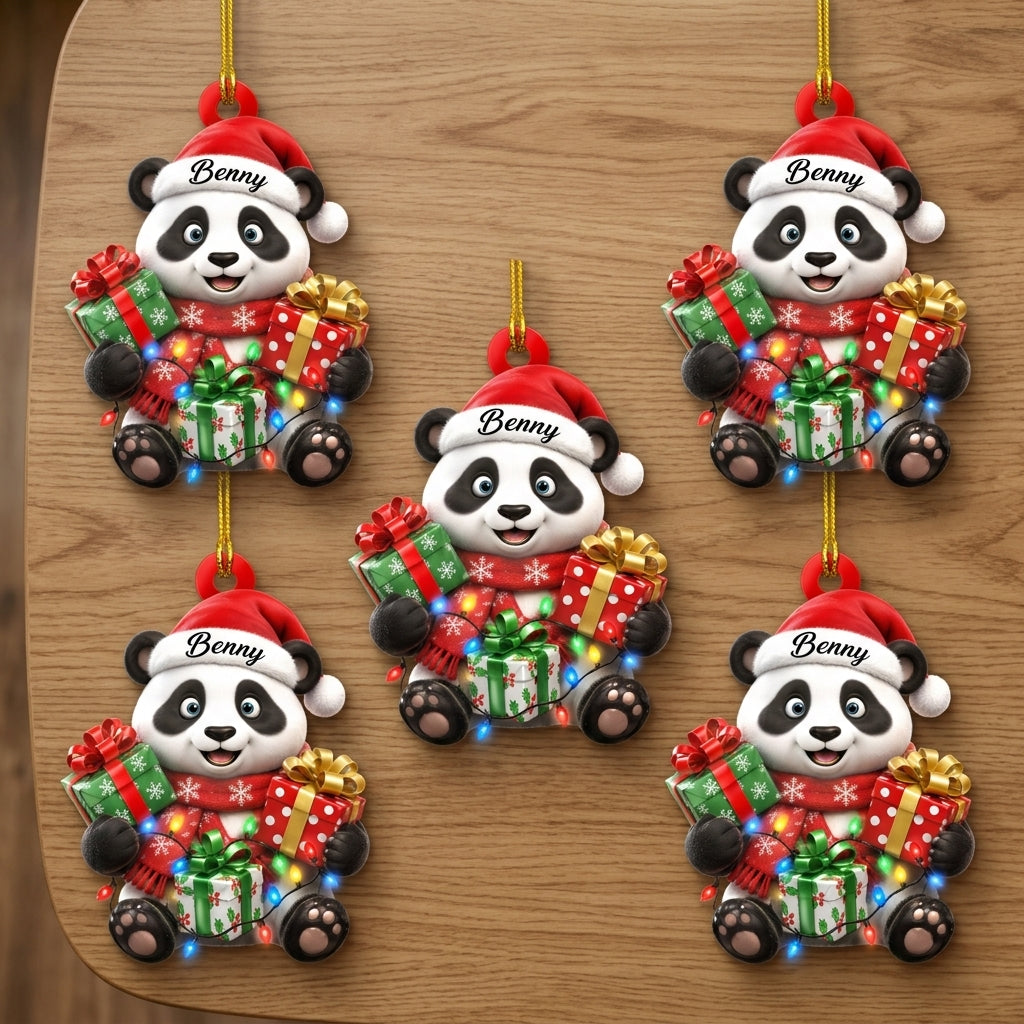 Personalized Cute Panda Gift Box Wood & Acrylic Ornament – Festive Animal Keepsake - mockup 4