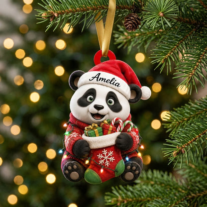 Personalized Festive Sweater Panda Holding Christmas Stocking Wood & Acrylic Ornament – Gift For Kids - mockup 1