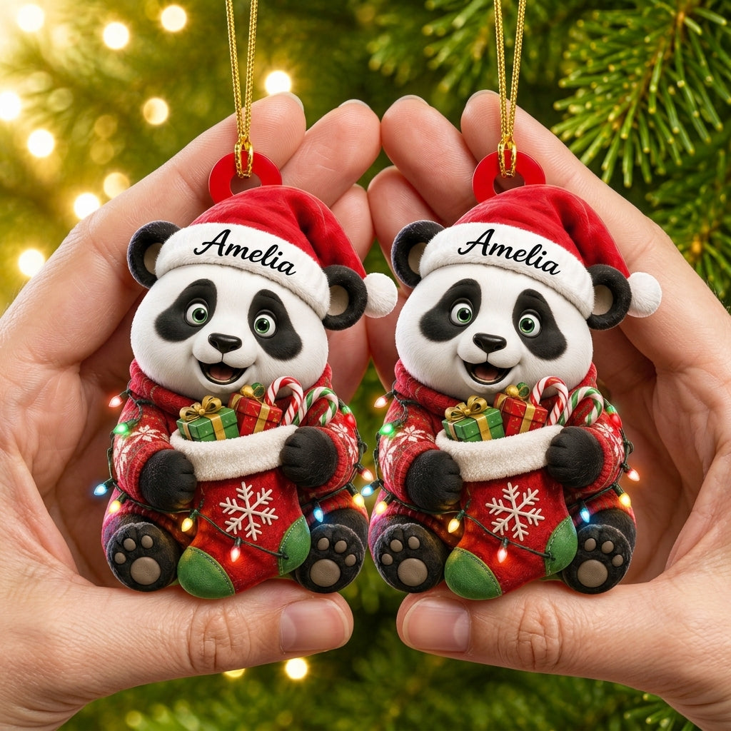 Personalized Festive Sweater Panda Holding Christmas Stocking Wood & Acrylic Ornament – Gift For Kids - mockup 2