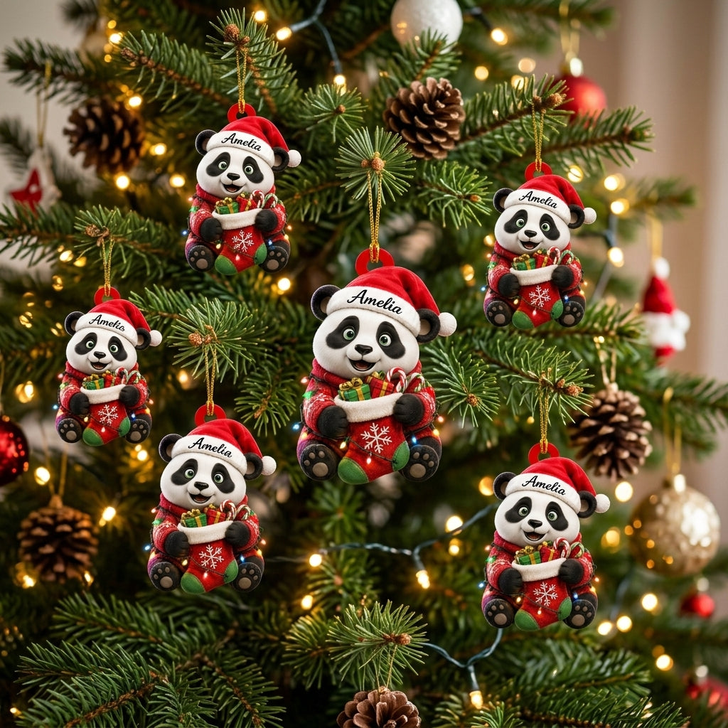 Personalized Festive Sweater Panda Holding Christmas Stocking Wood & Acrylic Ornament – Gift For Kids - mockup 3
