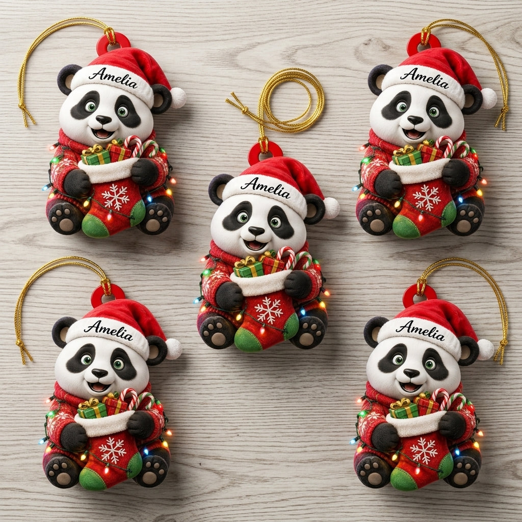Personalized Festive Sweater Panda Holding Christmas Stocking Wood & Acrylic Ornament – Gift For Kids - mockup 4