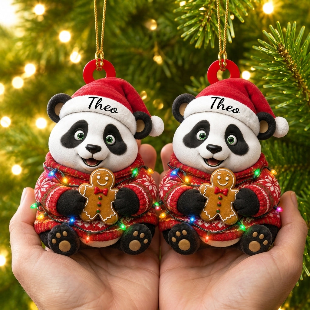 Personalized Christmas Panda with Gingerbread Wood & Acrylic Ornament – Gift for Animal Lovers - mockup 2