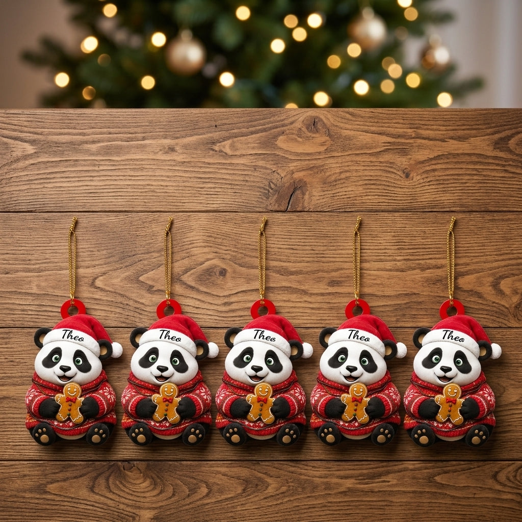 Personalized Christmas Panda with Gingerbread Wood & Acrylic Ornament – Gift for Animal Lovers - mockup 4