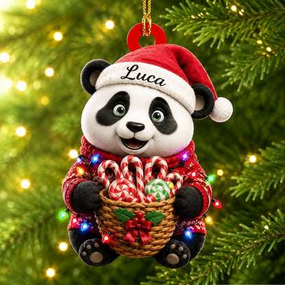 Personalized Cute Panda Holding Christmas Candy Basket Wood & Acrylic Ornament - mockup 1