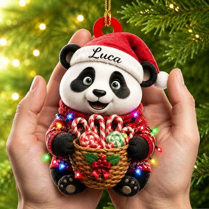 Personalized Cute Panda Holding Christmas Candy Basket Wood & Acrylic Ornament - mockup 2