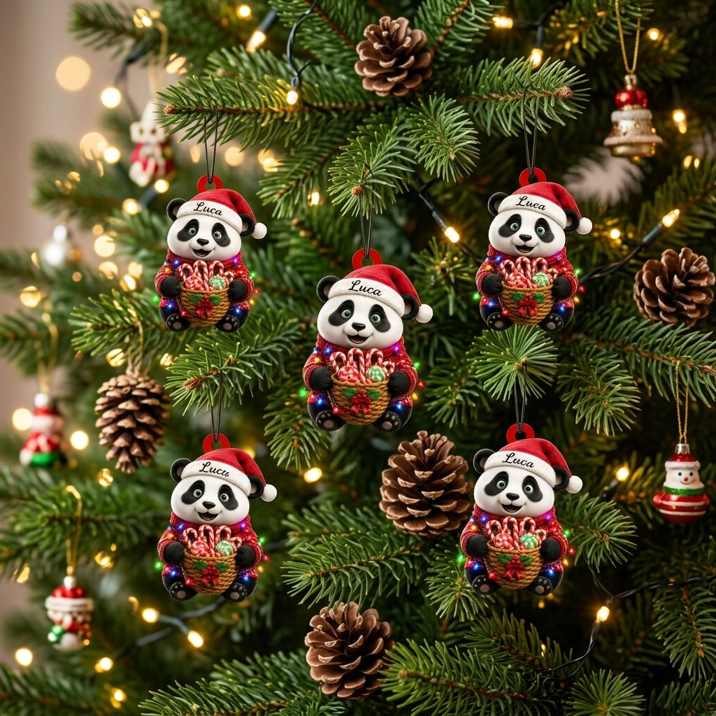Personalized Cute Panda Holding Christmas Candy Basket Wood & Acrylic Ornament - mockup 3