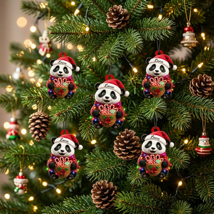 Personalized Cute Panda Holding Christmas Candy Basket Wood & Acrylic Ornament - mockup 3