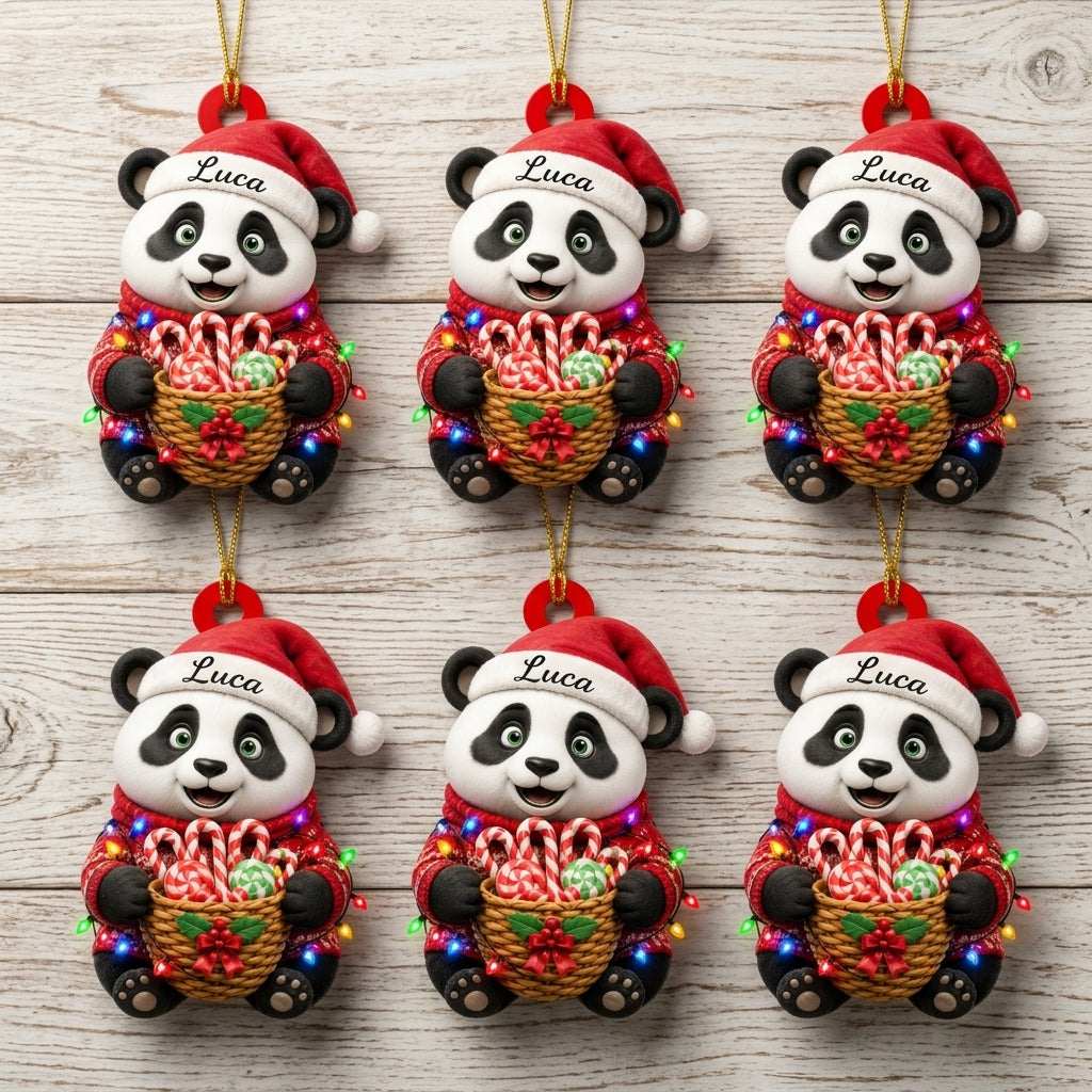 Personalized Cute Panda Holding Christmas Candy Basket Wood & Acrylic Ornament - mockup 4
