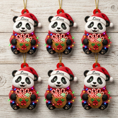 Personalized Cute Panda Holding Christmas Candy Basket Wood & Acrylic Ornament - mockup 4