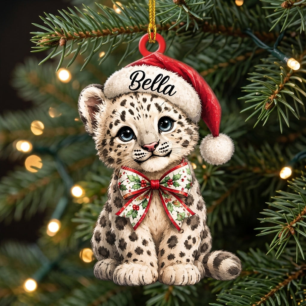 Personalized Cute Leopard with Santa Hat Wood & Acrylic Ornament – Safari Animal Gift for Kids - mockup 1