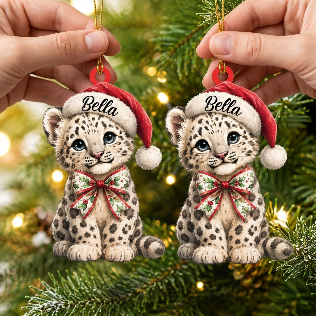 Personalized Cute Leopard with Santa Hat Wood & Acrylic Ornament – Safari Animal Gift for Kids - mockup 2