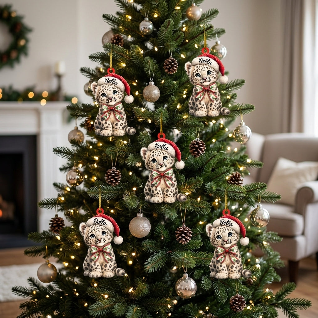 Personalized Cute Leopard with Santa Hat Wood & Acrylic Ornament – Safari Animal Gift for Kids - mockup 3
