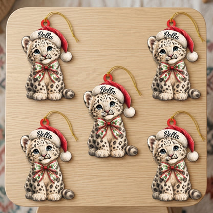 Personalized Cute Leopard with Santa Hat Wood & Acrylic Ornament – Safari Animal Gift for Kids - mockup 4