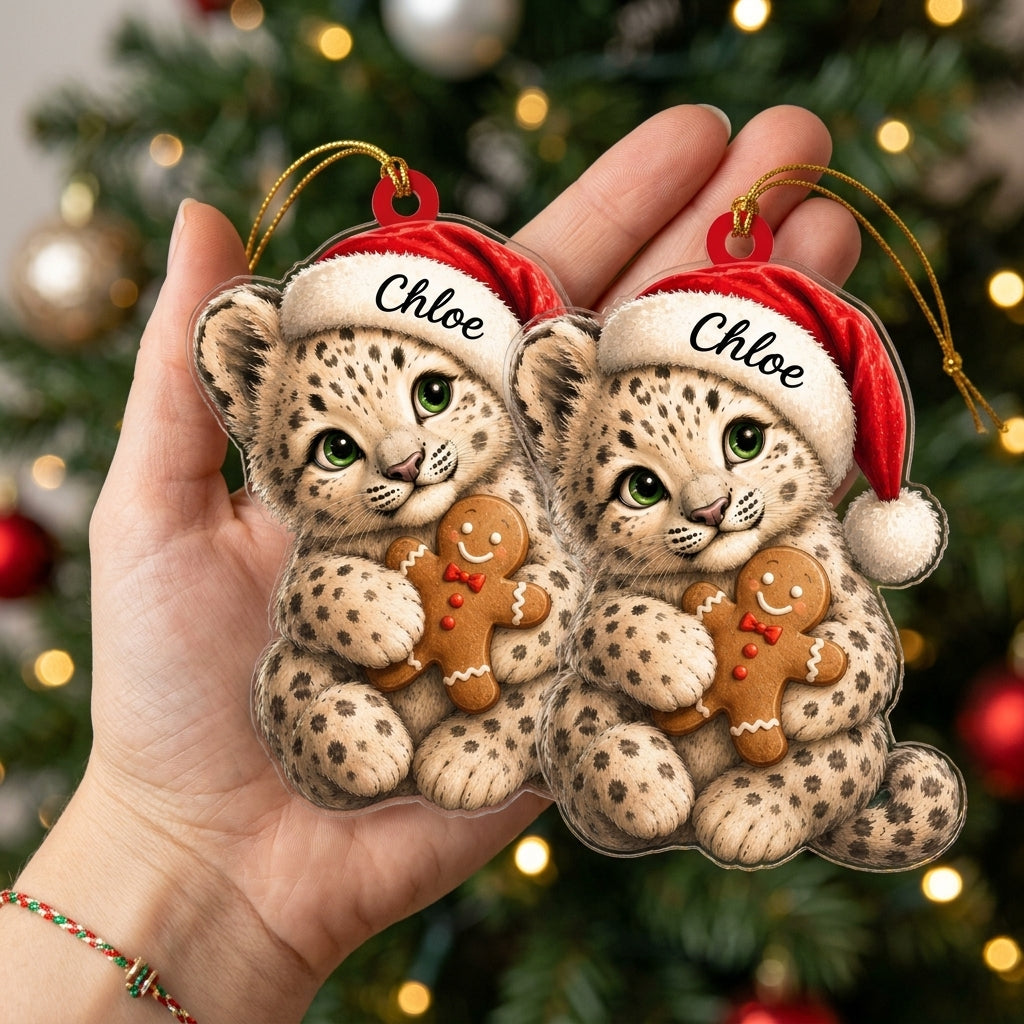 Personalized Christmas Cheetah with Santa Hat Wood & Acrylic Ornament - Wildlife Keepsake - mockup 2