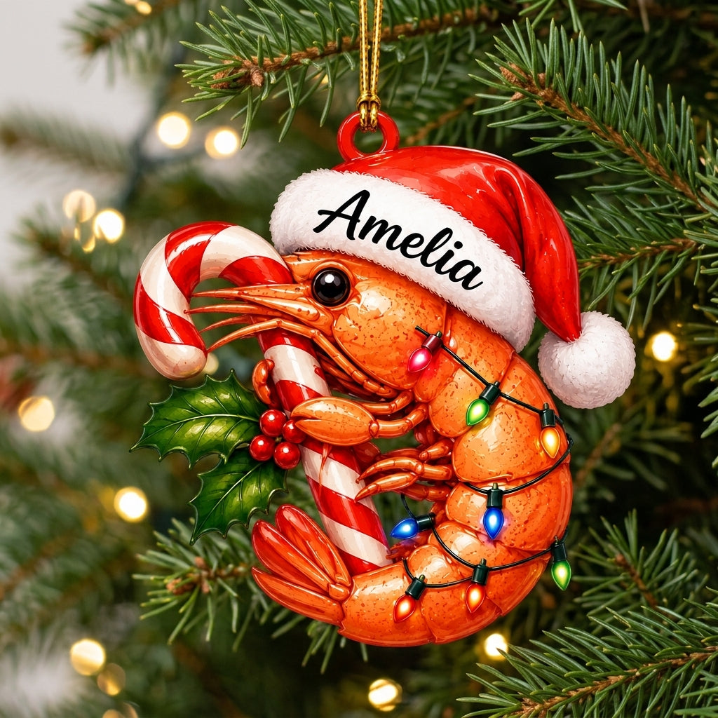 Personalized Christmas Shrimp with Candy Cane Wood & Acrylic Ornament – Custom Seafood Gift - mockup 1