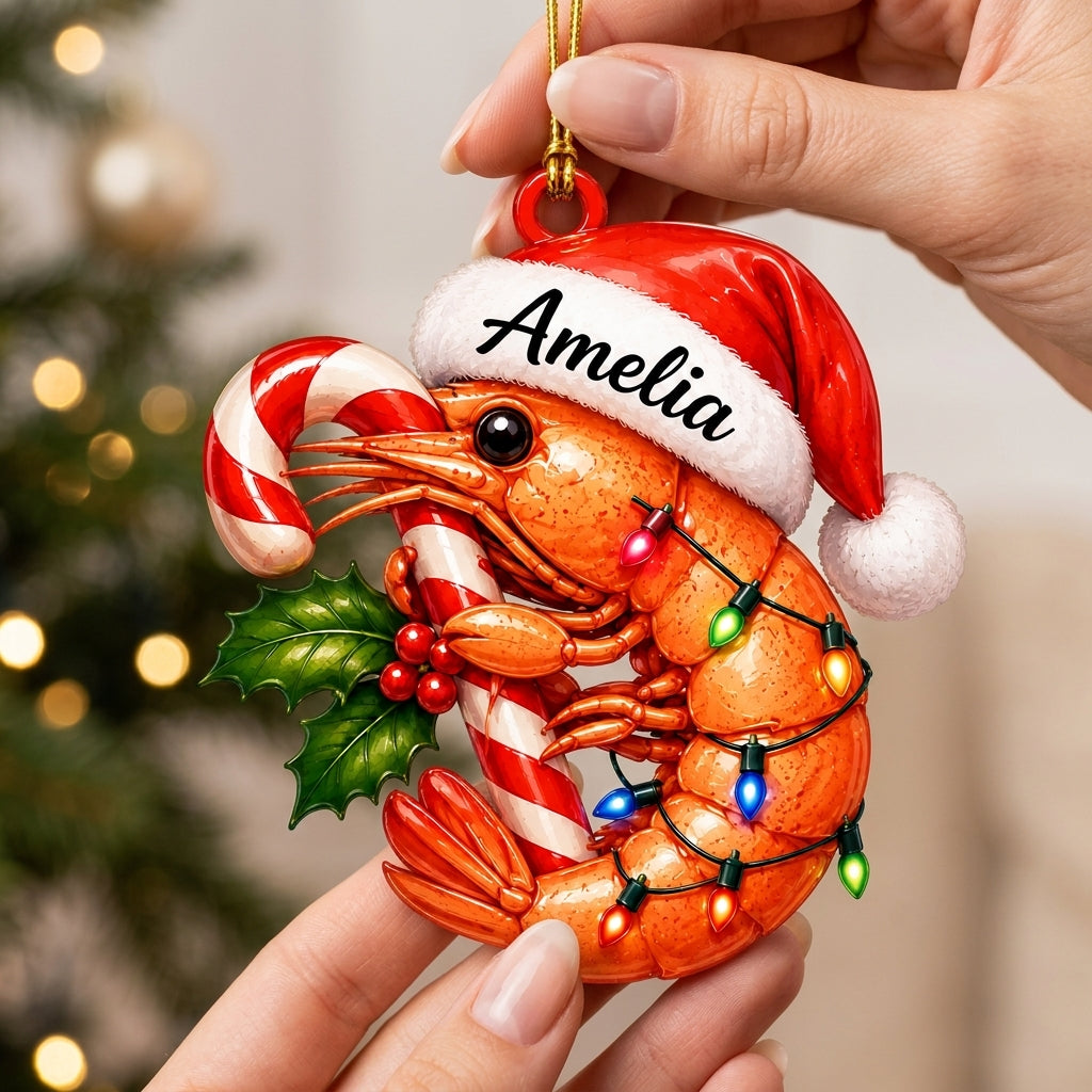 Personalized Christmas Shrimp with Candy Cane Wood & Acrylic Ornament – Custom Seafood Gift - mockup 2