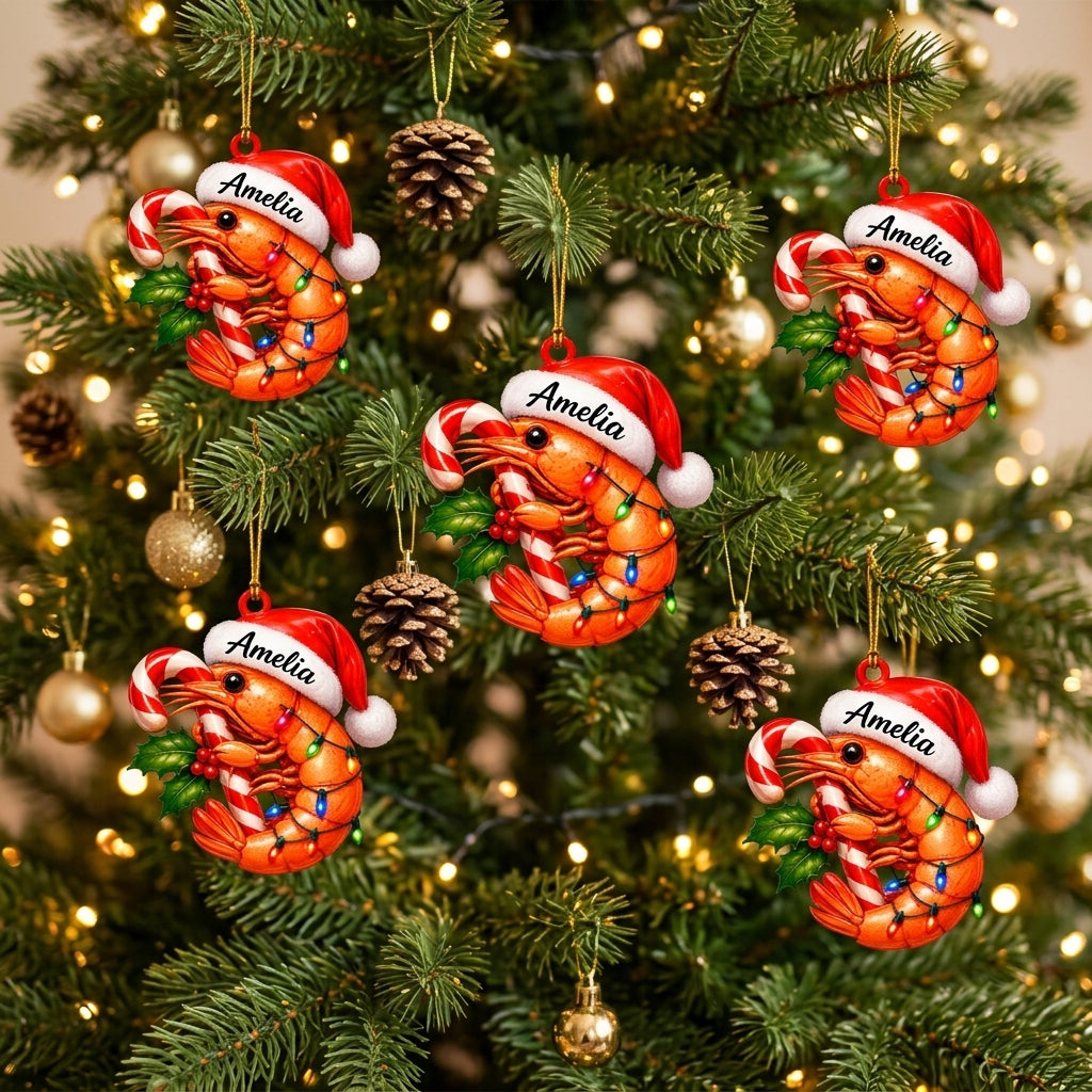 Personalized Christmas Shrimp with Candy Cane Wood & Acrylic Ornament – Custom Seafood Gift - mockup 3