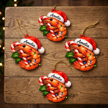 Personalized Christmas Shrimp with Candy Cane Wood & Acrylic Ornament – Custom Seafood Gift - mockup 4