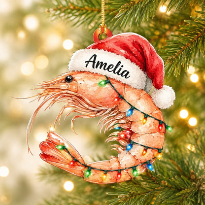 Personalized Shrimp with Christmas Hat Wood & Acrylic Ornament – Coastal Gift for Ocean Lovers - mockup 1
