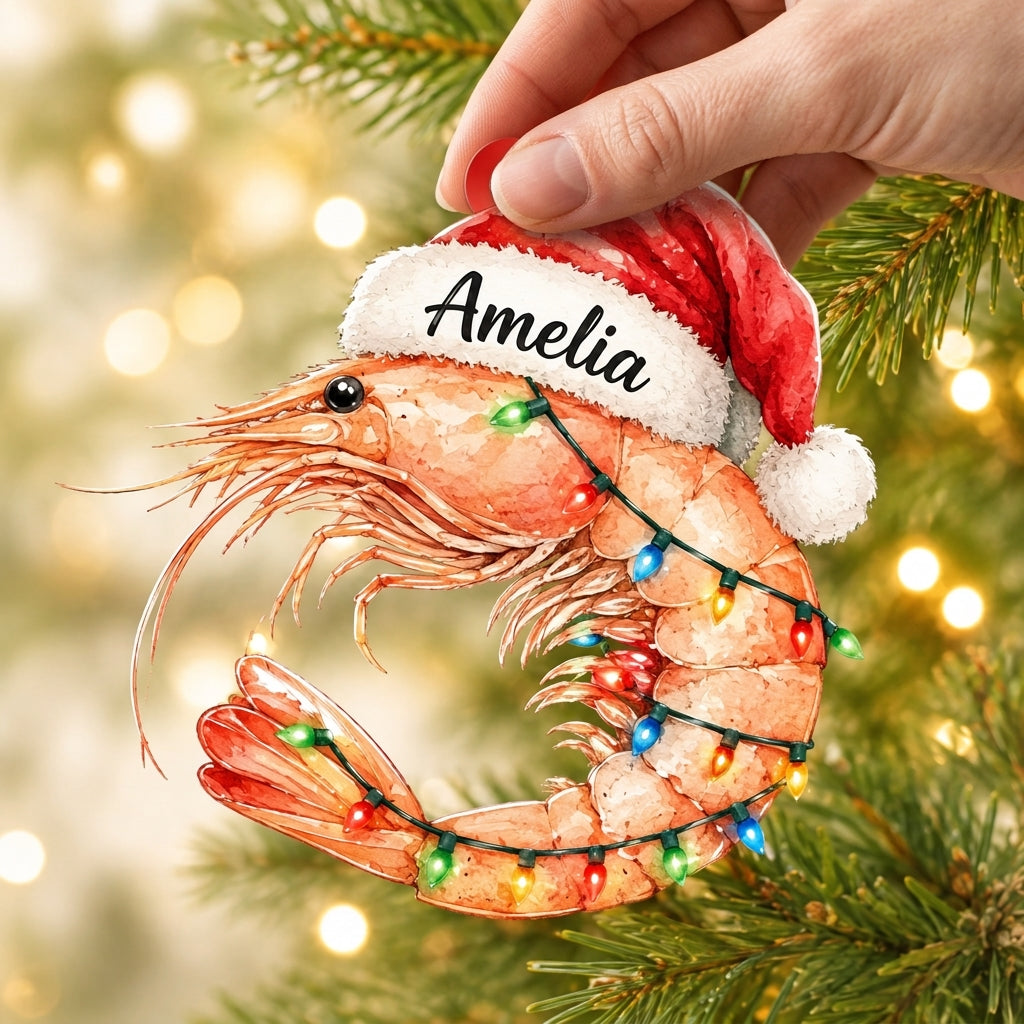 Personalized Shrimp with Christmas Hat Wood & Acrylic Ornament – Coastal Gift for Ocean Lovers - mockup 2