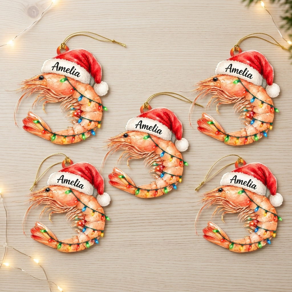 Personalized Shrimp with Christmas Hat Wood & Acrylic Ornament – Coastal Gift for Ocean Lovers - mockup 4