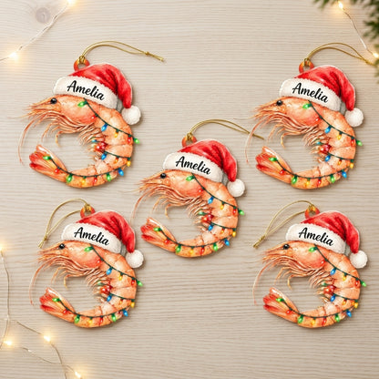 Personalized Shrimp with Christmas Hat Wood & Acrylic Ornament – Coastal Gift for Ocean Lovers - mockup 4