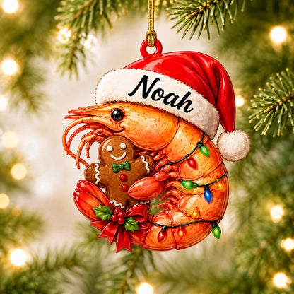 Personalized Shrimp with Gingerbread Christmas Keepsake Wood & Acrylic Ornament – Gift for Kids - mockup 1