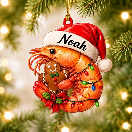 Personalized Shrimp with Gingerbread Christmas Keepsake Wood & Acrylic Ornament – Gift for Kids - mockup 1