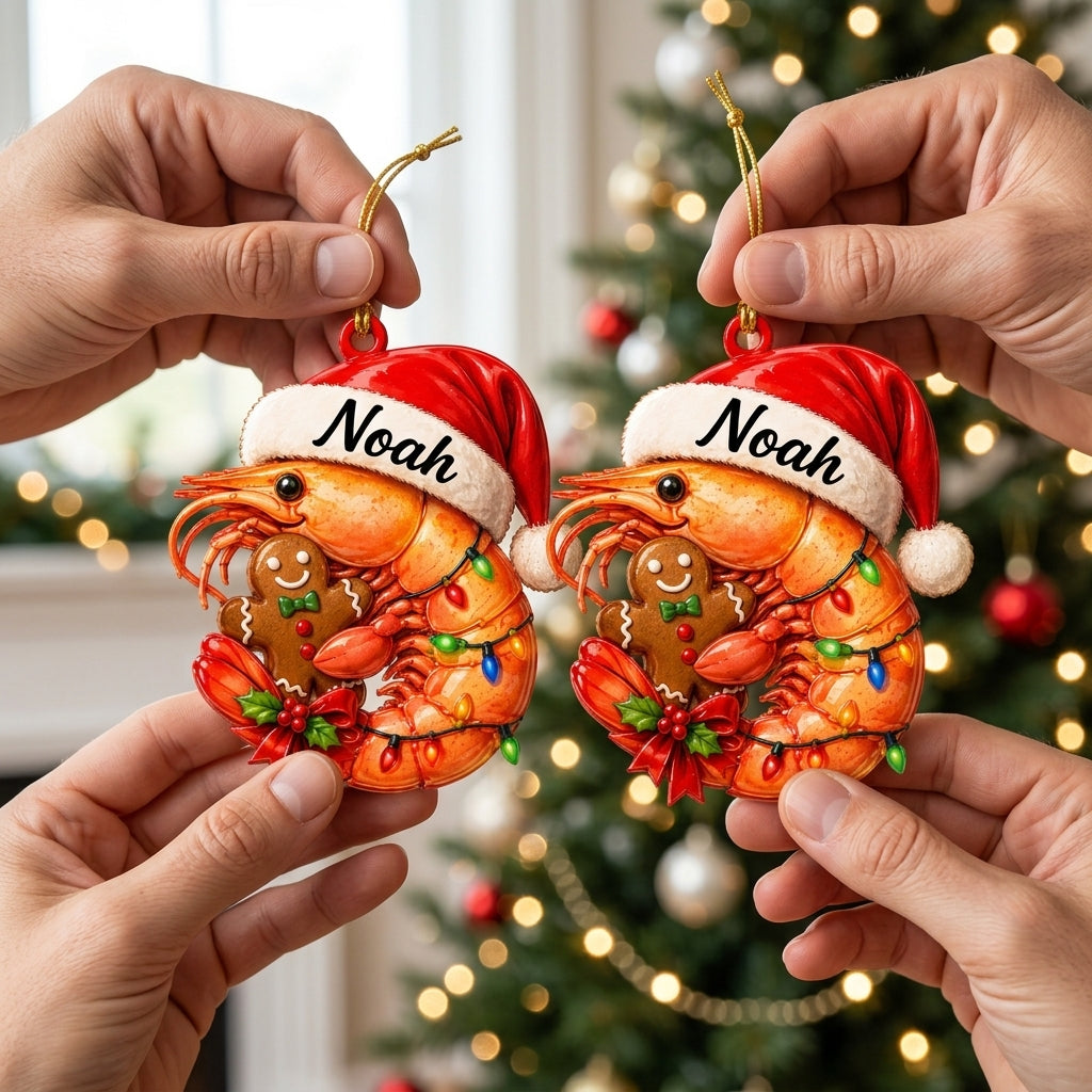 Personalized Shrimp with Gingerbread Christmas Keepsake Wood & Acrylic Ornament – Gift for Kids - mockup 2