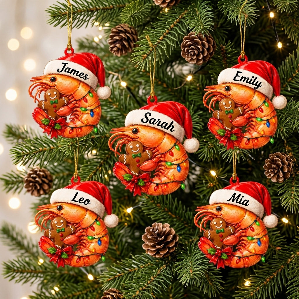 Personalized Shrimp with Gingerbread Christmas Keepsake Wood & Acrylic Ornament – Gift for Kids - mockup 3