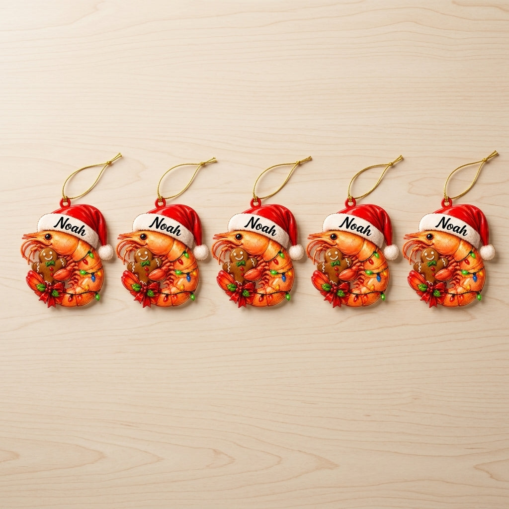Personalized Shrimp with Gingerbread Christmas Keepsake Wood & Acrylic Ornament – Gift for Kids - mockup 4