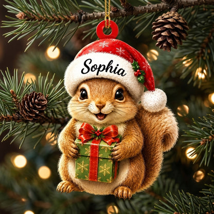 Personalized Cute Squirrel with Christmas Gift Box Wood & Acrylic Ornament – Custom Woodland Keepsake - mockup 1