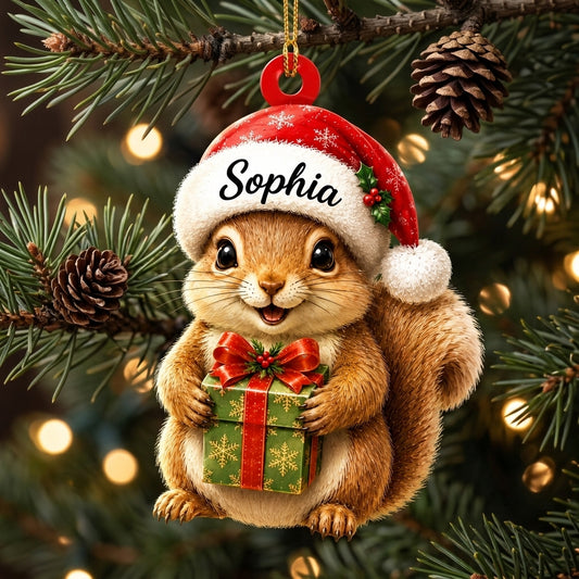 Personalized Cute Squirrel with Christmas Gift Box Wood & Acrylic Ornament – Custom Woodland Keepsake - mockup 1
