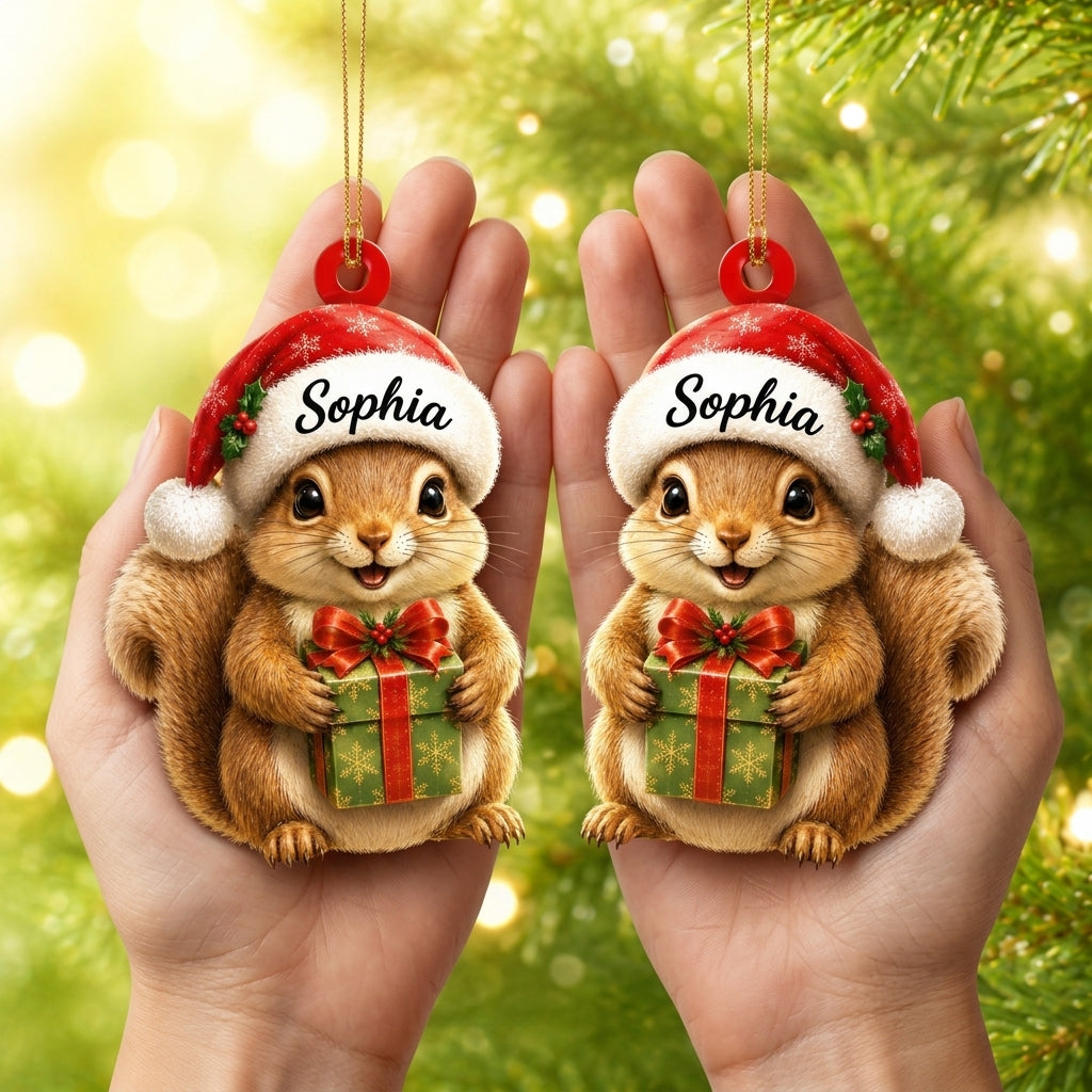 Personalized Cute Squirrel with Christmas Gift Box Wood & Acrylic Ornament – Custom Woodland Keepsake - mockup 2