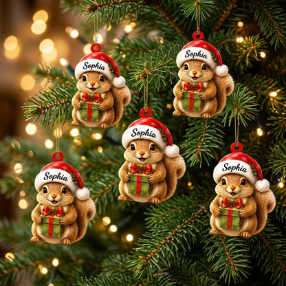 Personalized Cute Squirrel with Christmas Gift Box Wood & Acrylic Ornament – Custom Woodland Keepsake - mockup 3
