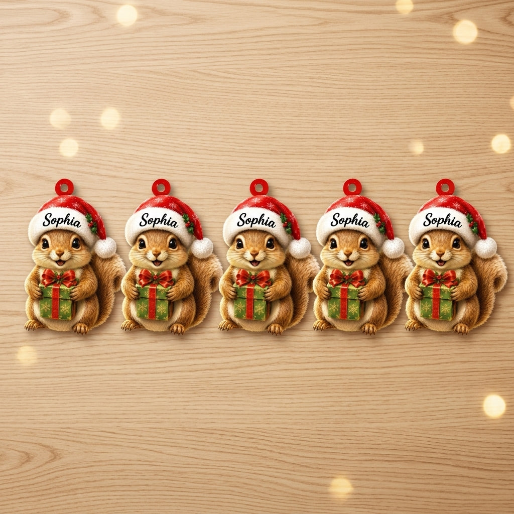Personalized Cute Squirrel with Christmas Gift Box Wood & Acrylic Ornament – Custom Woodland Keepsake - mockup 4