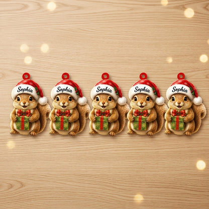 Personalized Cute Squirrel with Christmas Gift Box Wood & Acrylic Ornament – Custom Woodland Keepsake - mockup 4