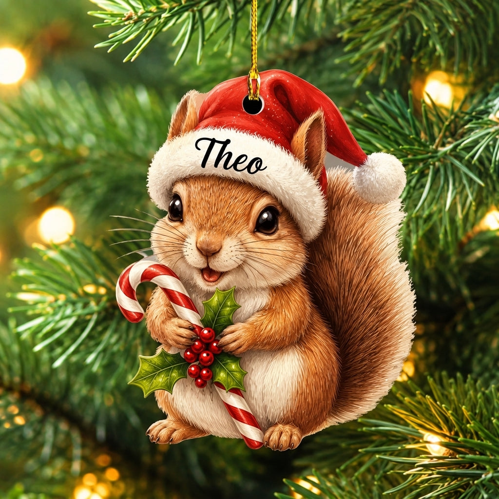 Personalized Squirrel with Candy Cane Wood & Acrylic Ornament – Animal Gift for Kids - mockup 1