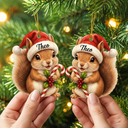 Personalized Squirrel with Candy Cane Wood & Acrylic Ornament – Animal Gift for Kids - mockup 2