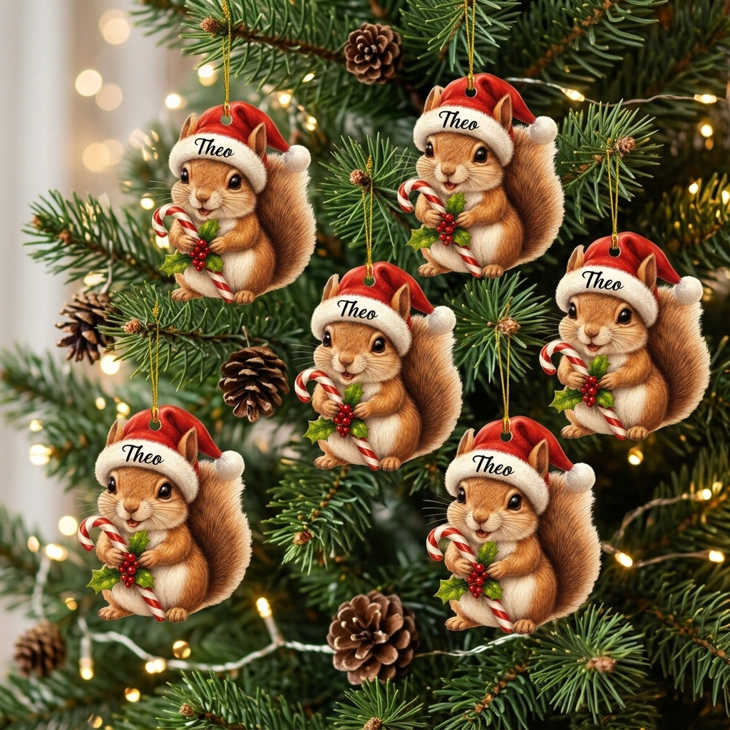 Personalized Squirrel with Candy Cane Wood & Acrylic Ornament – Animal Gift for Kids - mockup 3