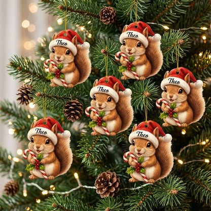Personalized Squirrel with Candy Cane Wood & Acrylic Ornament – Animal Gift for Kids - mockup 3