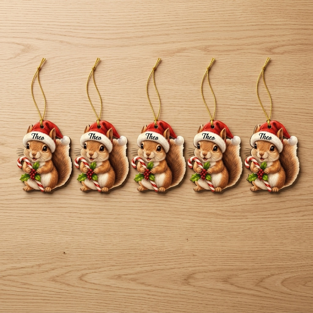 Personalized Squirrel with Candy Cane Wood & Acrylic Ornament – Animal Gift for Kids - mockup 4