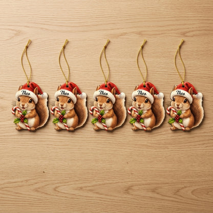 Personalized Squirrel with Candy Cane Wood & Acrylic Ornament – Animal Gift for Kids - mockup 4